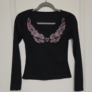 Elegant Black Long Sleeve Top with Pink Accents